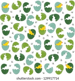 Messy broken green turquoise patterned Easter eggs with little chickens on white background