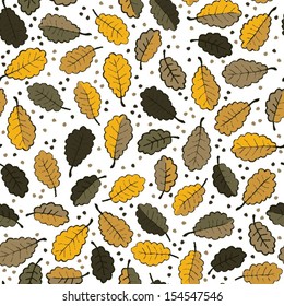 messy brown yellow oak leaves on white background with little dots beautiful botanical seamless pattern