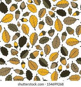 messy brown yellow oak leaves and acorns on white background beautiful botanical seamless pattern