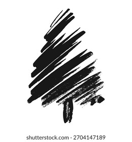 Messy brush stroke Christmas tree. Grunge ink xmas tree vector sketch. Marker hand draw Christmas tree icon. Ink brush calligraphy spruce tree, symbol for winter holidays.