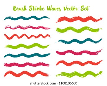 Messy brush stroke waves vector set. Hand drawn red green brushstrokes, ink splashes, watercolor splats, hand painted curls. Vector ink color palette swatches. Textured waves, stripes design.