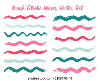 Messy brush stroke waves vector set. Hand drawn teal red brushstrokes, ink splashes, watercolor splats, hand painted curls. Interior colors scheme samples. Summer design paint brush curves.