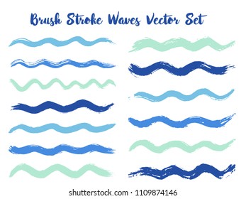 Messy brush stroke waves vector set. Hand drawn blue brushstrokes, ink splashes, watercolor splats, hand painted curls. Vector ink color palette swatches. Textured waves, stripes design.