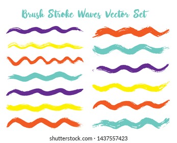 Messy brush stroke waves vector set. Hand drawn red blue violet brushstrokes, ink splashes, watercolor splats, hand painted curls. Vector ink color palette samples. Summer design paint brush curves.