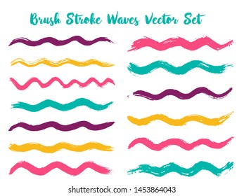 Messy brush stroke waves vector set. Hand drawn pink cyan brushstrokes, ink splashes, watercolor splats, hand painted curls. Interior colors guide book elements. Summer design paint brush curves.