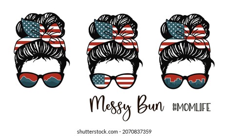 Messy bun, Girl with patriotic messy bun and glasses, American Flag bandana