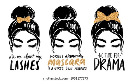 Messy bun with golden glitter bandana or headwrap and hair bow. Vector woman silhouette. Fashion quotes about mascara, lashes, makeup. Beautiful girl drawing illustration. Female hairstyle.