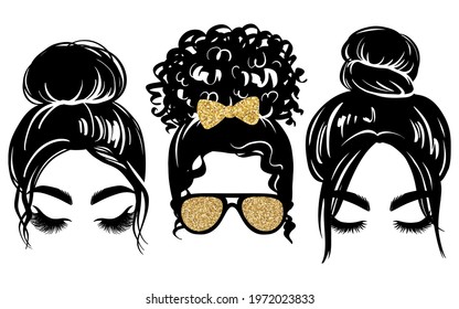 Messy Bun With Golden Glitter Hair Bow And Aviator Glasses. Vector Woman Silhouette. Beautiful Girl Drawing Illustration. Female Hairstyle. Long Black Lashes, Closed Eyes.