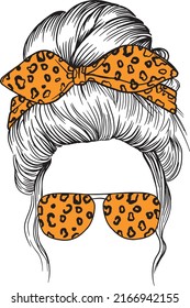 Messy bun of hair with leopard bandana or headdress, vector female silhouette. Beautiful girl drawing illustration. Women's hairstyle. Leopard sunglasses isolated on white.