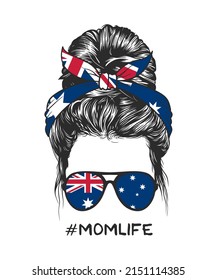 Messy bun hairstyle with Australian flag headband and glasses, vector illustration