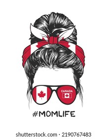 Estilo de cabello desordenado de un bollo con gafas y cintas de la bandera canadiense, ilustración vectorial