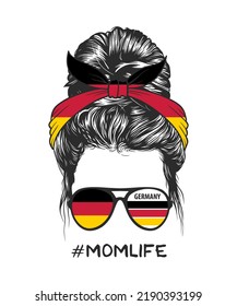 Messy bun hairstyle with German flag headband and glasses, vector illustration