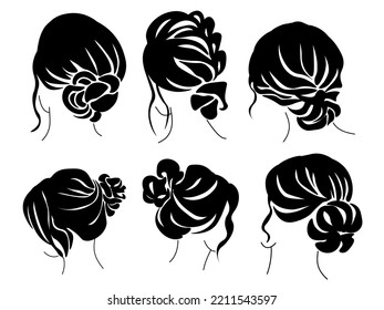 Messy bun hairstyle set of silhouettes, women's trendy hairstyle low bunvector illustration