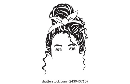 Messy Bun hairstyle, vector line art illustration