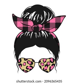 Messy bun and leopard glasses. Vector illustration.