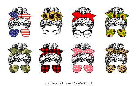 Messy bun set designs  Mom life vecto print  A collection female faces in aviator sunglasses   bandanas and various themed patterns 