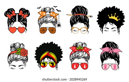 Messy bun set designs. Mom life collection. Vector female faces in aviator sunglasses and bandanas with various themed. Woman print.