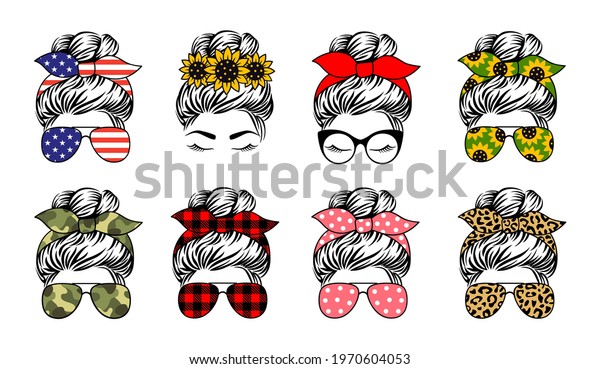 Messy bun set designs. Mom life vecto print. A\
collection of female faces in aviator sunglasses and bandanas with\
various themed patterns.