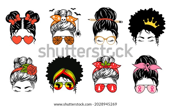 Messy bun set designs. Mom life collection. Vector
female faces in aviator sunglasses and bandanas with various
themed. Woman print.