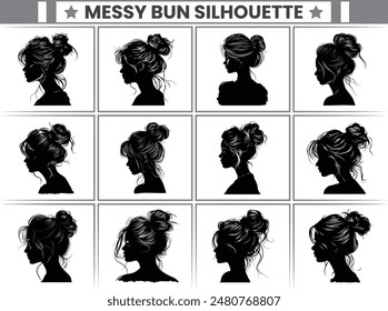 Messy Bun Silhouette Bundle Messy Bun Hair Illustration clipart Silhouette, For T-Shirt Design, Mug, Tote Bag, Etc.