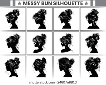 Messy Bun Silhouette Bundle Messy Bun Hair Illustration clipart Silhouette, For T-Shirt Design, Mug, Tote Bag, Etc.