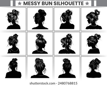 Messy Bun Silhouette Bundle Messy Bun Hair Illustration clipart Silhouette, For T-Shirt Design, Mug, Tote Bag, Etc.