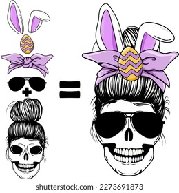 Messy Bun skeleton ,Messy Bun skeleton easter day T-Shirt , Mama skeleton Bunny Easter Collection Set , Easter messy bun Svg vector Illustration isolated on white background. girl face with messy hair svg