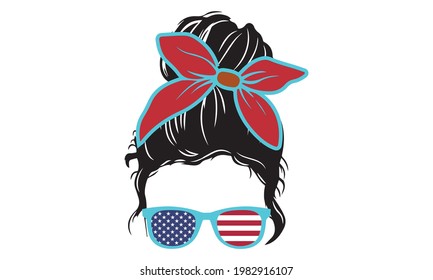 Messy bun and United state US sunglasses girl Vector and Clip Art