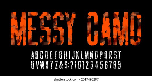 Messy Camo Alphabet Font. Letters And Numbers In One Color. Vector Typeface For Your Design.