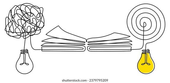 Messy and chaos circles with lightbulbs and open book continuous line drawing. Solving problem symbol. Creative idea linear concept. Vector illustration isolated on white.