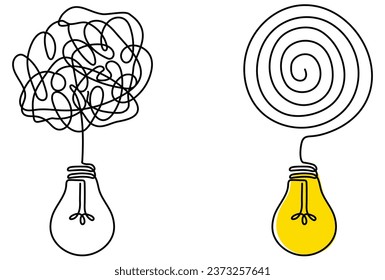 Messy and chaos circles with lightbulbs. Solving problem symbol. Creative idea linear concept. Vector illustration isolated on white.