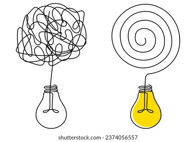 Círculos de desorden y caos con bombillas. Resolver el símbolo del problema. Concepto lineal de idea creativa. Ilustración vectorial aislada en blanco.