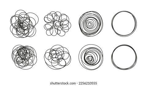 Messy, chaotic lines vector. Tangled doodle grunge path, solving a difficult problem or quest. Complex tangle of thoughts and tangles of problems metaphor. 