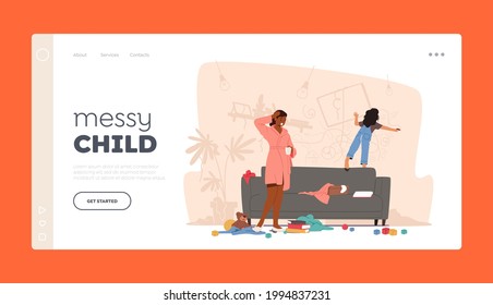 Messy Child Bad Behavior Landing Page Template. Mother Character Shocked with Little Girl Painting on Wall, Naughty Kid Making Mess, Drawing, Create Chaos at Home. Cartoon People Vector Illustration