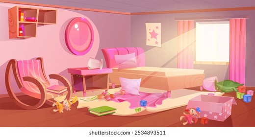 Messy children bedroom interior in pink colors with scattered toys, pillows and books across floor. Room with modern furniture - rocking chair and bookshelf, table and mirror, bed and curtained window