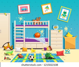 Messy children room interior with dirty stains on wall and scattered toys on floor flat vector illustration