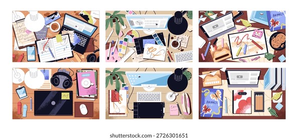 Durcheinander und sauber Computer-Desks Top-View-Set. Schmutzige und ordentliche Büroarbeitsplätze über Kopf. Über Tischen mit Chaos, Unordnung, Büchern, Schreibwaren, Dokumenten, Laptops und Dingen. Flache Vektorgrafiken