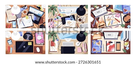 Messy and clean computer desks top view set. Dirty and tidy office workplaces overhead. Above tables with mess, disorder, books, stationery, documents, laptops and things. Flat vector illustrations