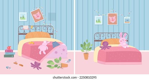 Messy and clean kids bedroom comparison vector illustration. Cartoon room of house with bed before and after tidying, dirty and untidy interior with clutter in clothes and decor in need of cleaning