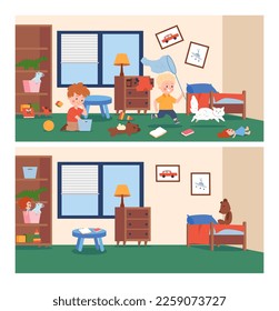 Messy and clean kids nursery or bedroom, cartoon flat vector illustration. Little boys making mess in the room while playing with toys and chasing cat. Before and after cleaning.