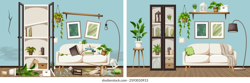 Messy and clean living room before and after cleaning. Living room interior with blue walls, a white sofa, a bookcase, and houseplants. Cartoon vector illustration. Hand-drawn illustration, not AI