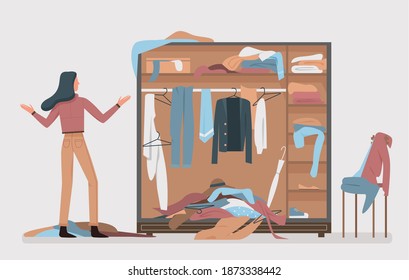 Messy closet, dressing home room interior vector illustration. Cartoon woman worried about mess in open wardrobe, standing next to pile of thrown clothes, untidy clutter fashion clothing background