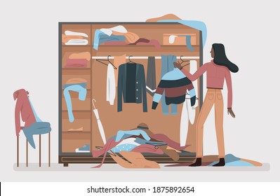 Messy Closet, Dressing Home Room Interior Vector Illustration. Black African American Woman Worried About Mess In Open Wardrobe, Standing Next To Pile Of Thrown Clothes, Untidy Clutter.