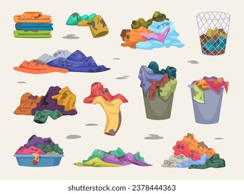 Messy clothes. Dirty wardrobe items in different piles exact vector illustrations set