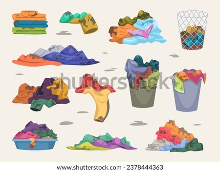 Messy clothes. Dirty wardrobe items in different piles exact vector illustrations set
