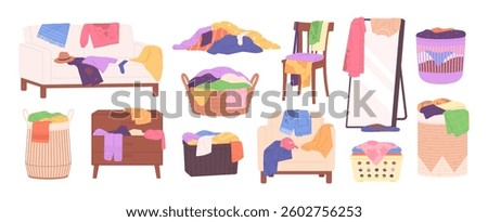 Messy clothes piles. Scattered things on sofa chair, dirty jacket on mirror. Folded stacks on floor, full woven laundry basket, racy vector clipart