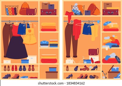 Messy clothes in wardrobe. Open closet with messy, organized shoes and accessories, cloakroom before and after organization, vector concept. Wardrobe clothes and messy closet illustration
