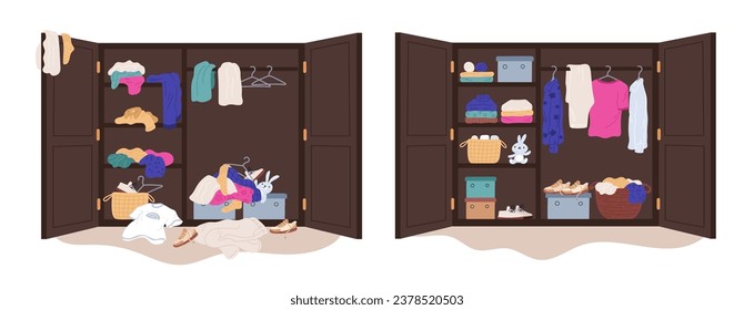 Messy clothes in wardrobe. Putting wears in order home wooden closet. Garments distribution by shelves. Declutter in cabinet. Coats and jeans hanging on hangers. Garish
