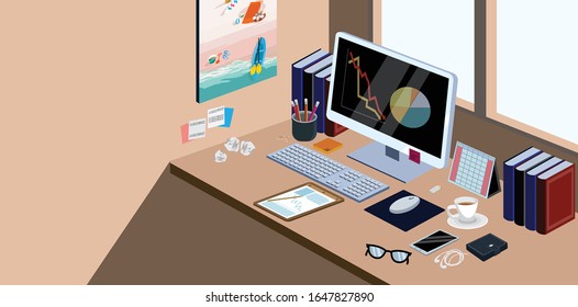 Messy cluttered office desk.Vector illustration.