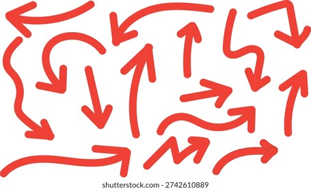 A messy collection of red arrows pointing in various directions on a plain white background